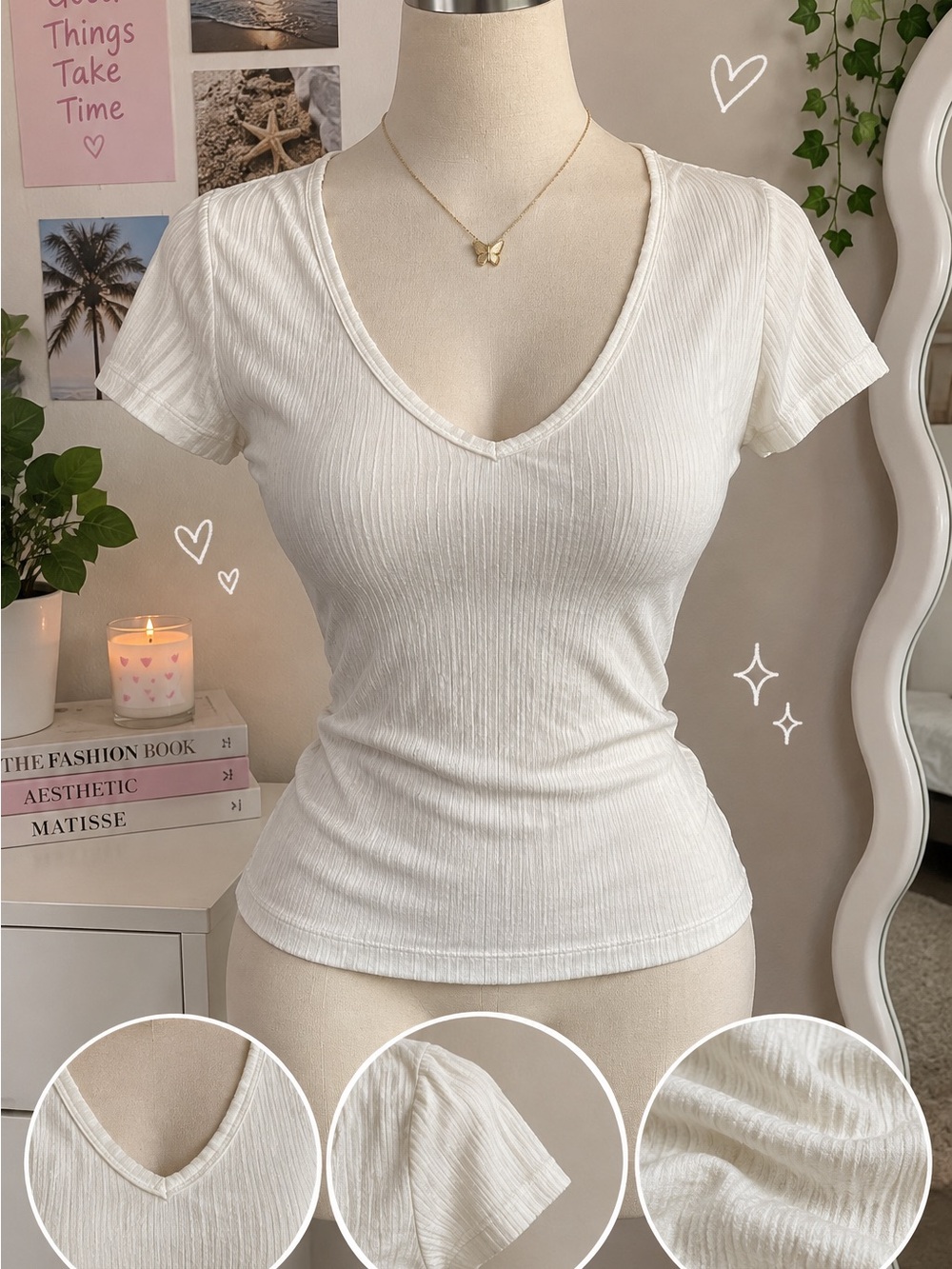 Universal Thread White Ribbed V-Neck Short Sleeve Tee